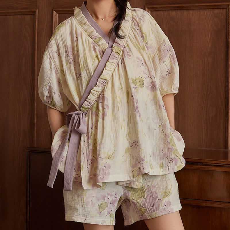 Elegant Floral Short Sleeve Bra Free Pajama Set - image 1