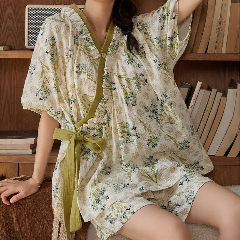 Pastoral Floral Short Sleeve Bra Free Pajama Set - image 2