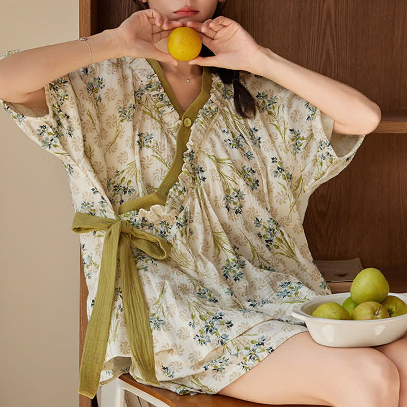 Pastoral Floral Short Sleeve Bra Free Pajama Set - 2XL - image 0