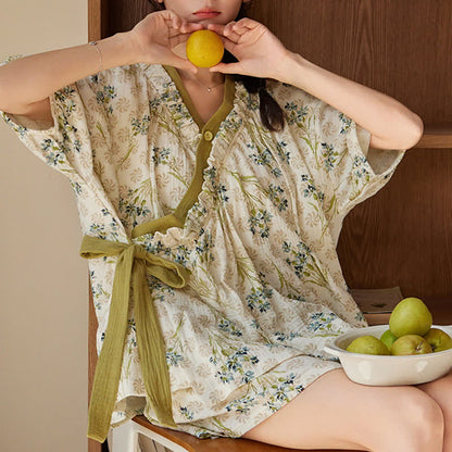 Pastoral Floral Short Sleeve Bra Free Pajama Set - 2XL - image 0