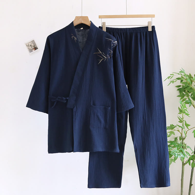 Unisex Bamboo Jacquard Kimono Pajama Set - Navy Blue - XL - image 1