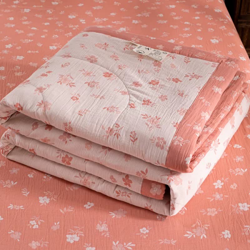 Pink Floral Double-layer Cotton Summer Quilt - image 3
