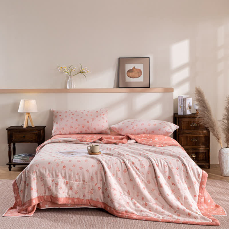 Pink Floral Double-layer Cotton Summer Quilt - 2PCS Pillowcases - 19" x 29" - image 0