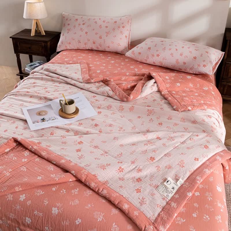 Pink Floral Double-layer Cotton Summer Quilt - image 1