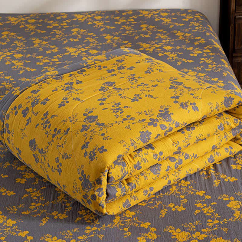 Yellow Floral Double-layer Cotton Summer Quilt - image 9