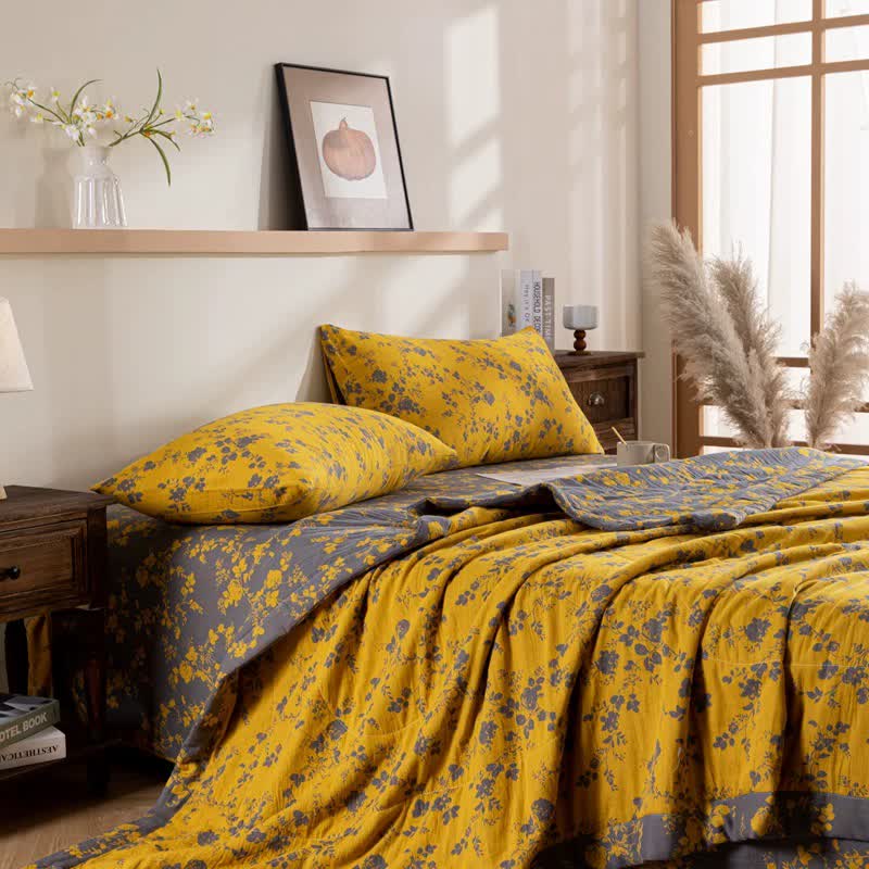 Yellow Floral Double-layer Cotton Summer Quilt - image 7