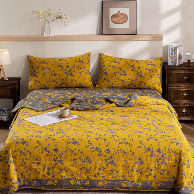 Yellow Floral Double-layer Cotton Summer Quilt - image 3