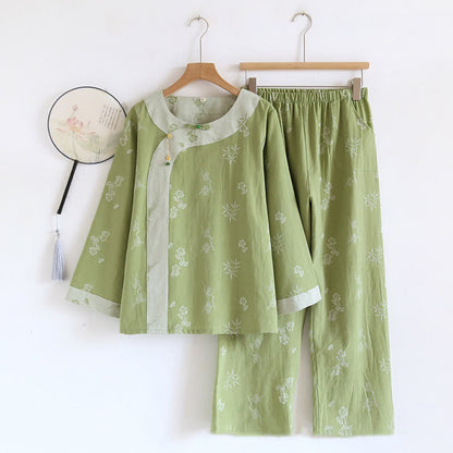 Vintage Cotton Yarn-dyed Jacquard Long Sleeve Loungewear - Green - XL - image 12