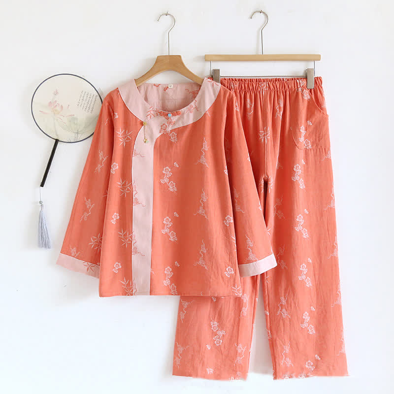 Vintage Cotton Yarn-dyed Jacquard Long Sleeve Loungewear - Orange - XL - image 0