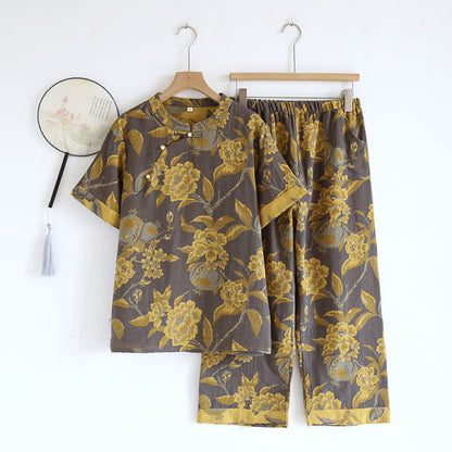 Cotton Yarn-dyed Retro Short-sleeve Loungewear Set - Grey - XL - image 11