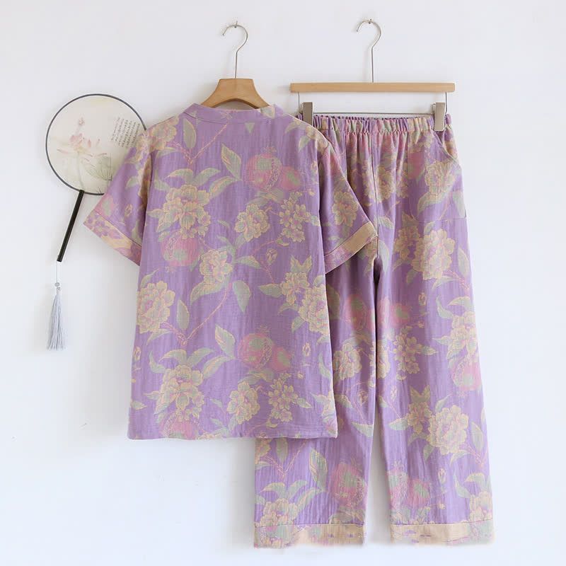 Cotton Yarn-dyed Retro Short-sleeve Loungewear Set - image 1