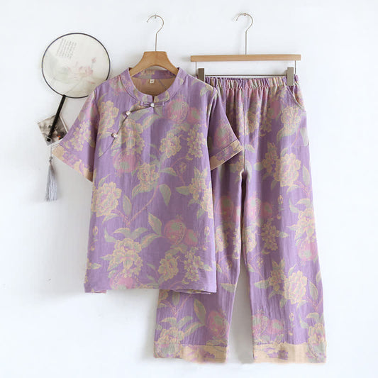 Cotton Yarn-dyed Retro Short-sleeve Loungewear Set - Purple - XL - image 0