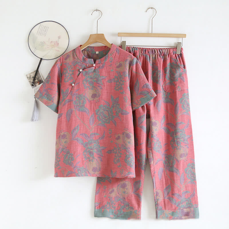 Cotton Yarn-dyed Retro Short-sleeve Loungewear Set - Pink - XL - image 13