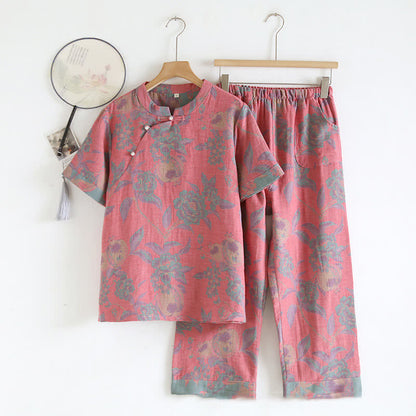 Cotton Yarn-dyed Retro Short-sleeve Loungewear Set - Pink - XL - image 13