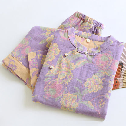 Cotton Yarn-dyed Retro Short-sleeve Loungewear Set - image 2