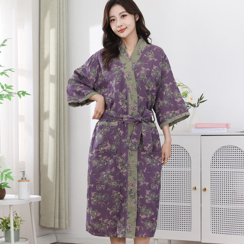 Double-layer Cotton Gauze Purple Floral Print Bathrobe - Purple - One Size - image 0