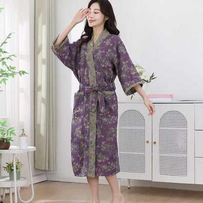 Double-layer Cotton Gauze Purple Floral Print Bathrobe - image 1