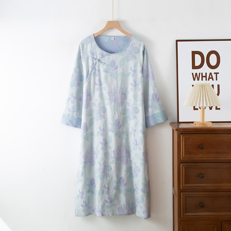 Vintage Yarn-dyed Cotton Round Neck Nightdress - Blue - XL - image 3