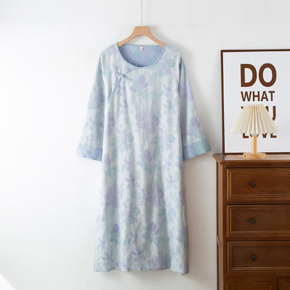 Vintage Yarn-dyed Cotton Round Neck Nightdress - Blue - XL - image 3