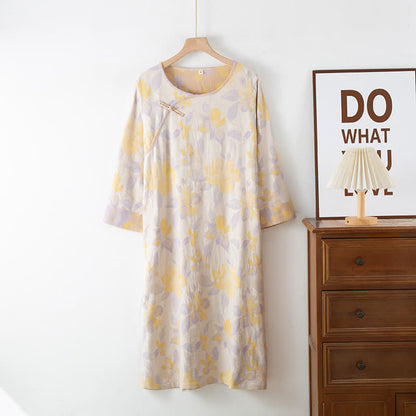 Vintage Yarn-dyed Cotton Round Neck Nightdress - Yellow - XL - image 4