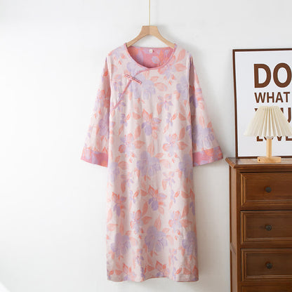 Vintage Yarn-dyed Cotton Round Neck Nightdress - Red - XL - image 6