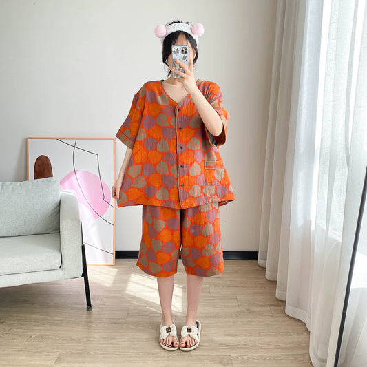 Plus Size Vintage Jacquard Short Sleeve Loungewear Set - Red - 5XL - image 0