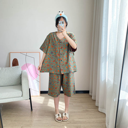 Plus Size Vintage Jacquard Floral Loungewear Set - Green - 5XL - image 0