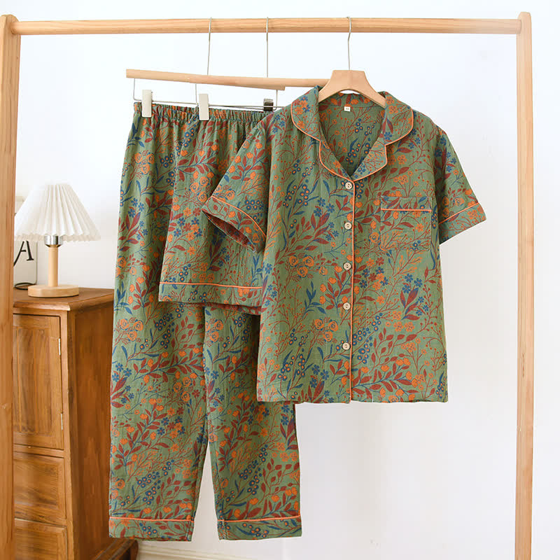 Jacquard Yarn-dyed Cotton Short-sleeved Loungewear Set(3PCS) - Green - 2XL - image 14
