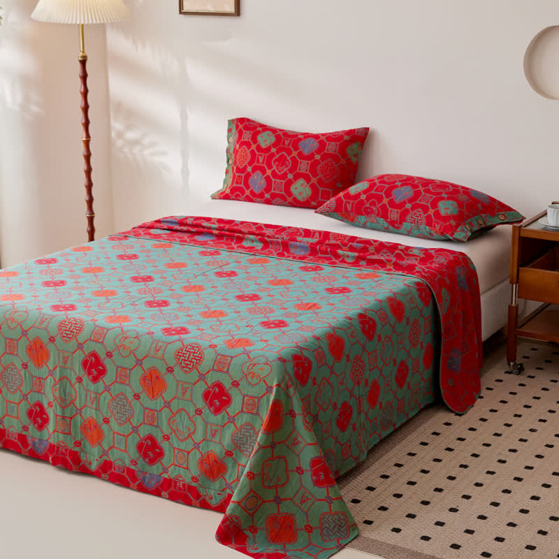 Retro Cotton Gauze Yarn-dyed Jacquard Reversible Coverlet - Green&Red - Coverlet with 2PCS Pillowcases - King - image 0
