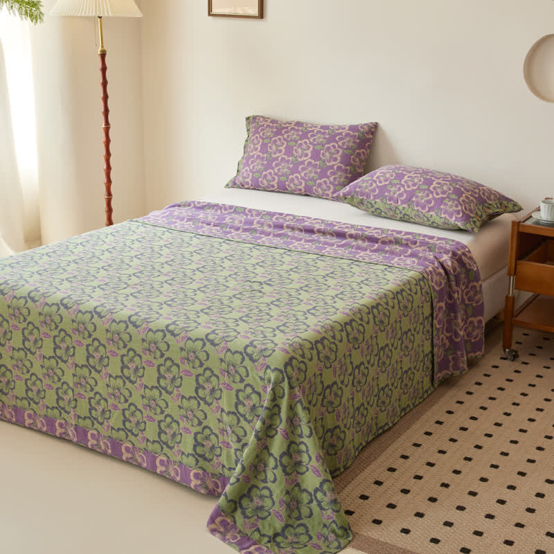 Elegant Floral Cotton Gauze Yarn-dyed Reversible Coverlet - Coverlet with 2PCS Pillowcases - King - image 0