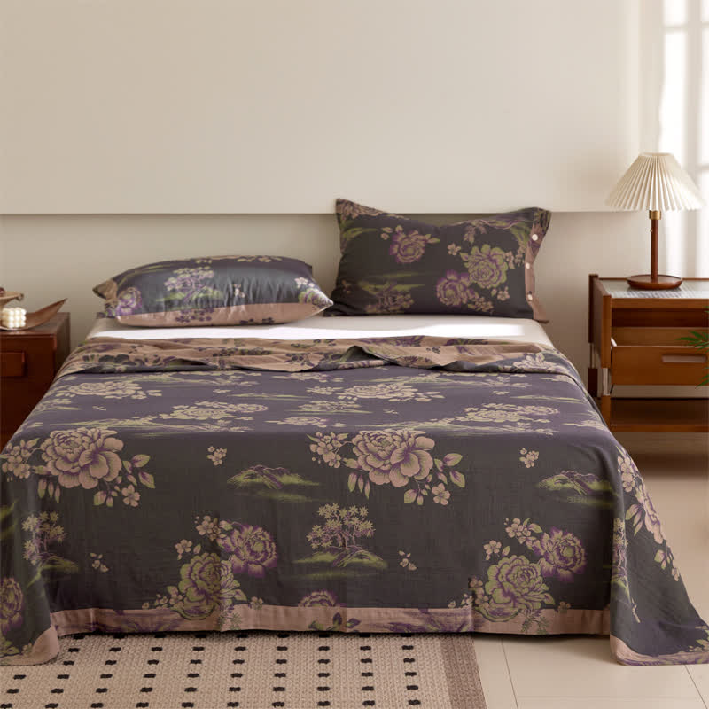Luxurious Floral Cotton Gauze Yarn-dyed Reversible Coverlet - image 1