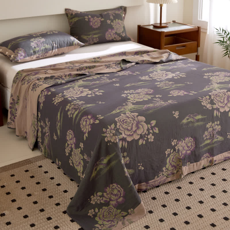 Luxurious Floral Cotton Gauze Yarn-dyed Reversible Coverlet - Coverlet with 2PCS Pillowcases - King - image 0