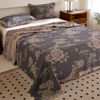 Luxurious Floral Cotton Gauze Yarn-dyed Reversible Coverlet - Coverlet with 2PCS Pillowcases - King - image 0