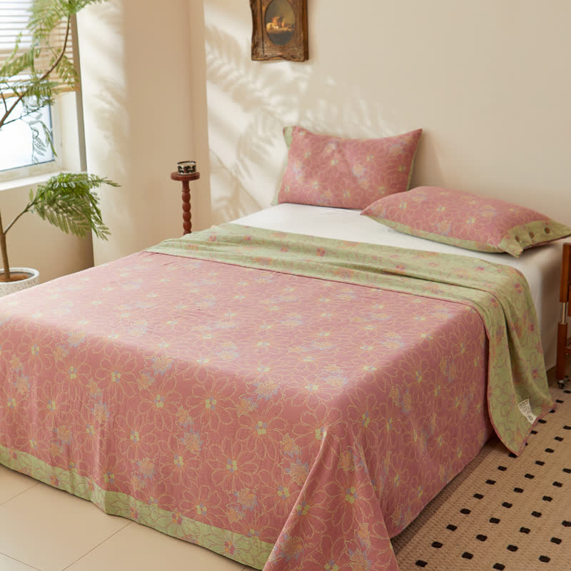 Fresh Floral Cotton Gauze Reversible Sheet Coverlet - Coverlet with 2PCS Pillowcases - King - image 0