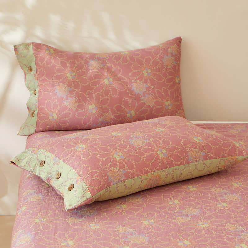 Fresh Floral Cotton Gauze Reversible Sheet Coverlet - 2PCS Pillowcases - 19" x 29" - image 4