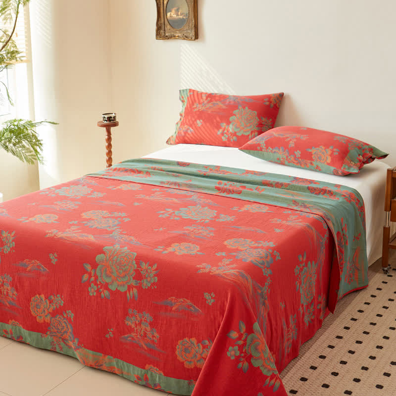 Peony Cotton Gauze Jacquard Sheet Coverlet - Coverlet with 2PCS Pillowcases - King - image 0