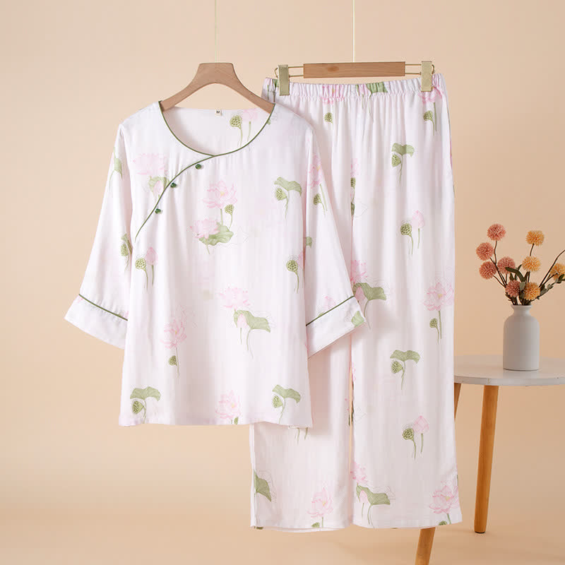 Round-neck Bamboo Fiber Lotus Pajama Set  - XL - image 0