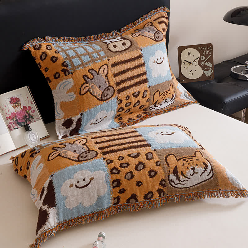 Animal Print Four-layer Cotton Gauze Tassel Quilt - 2PCS Pillowtowels - 20" x 29" - image 3