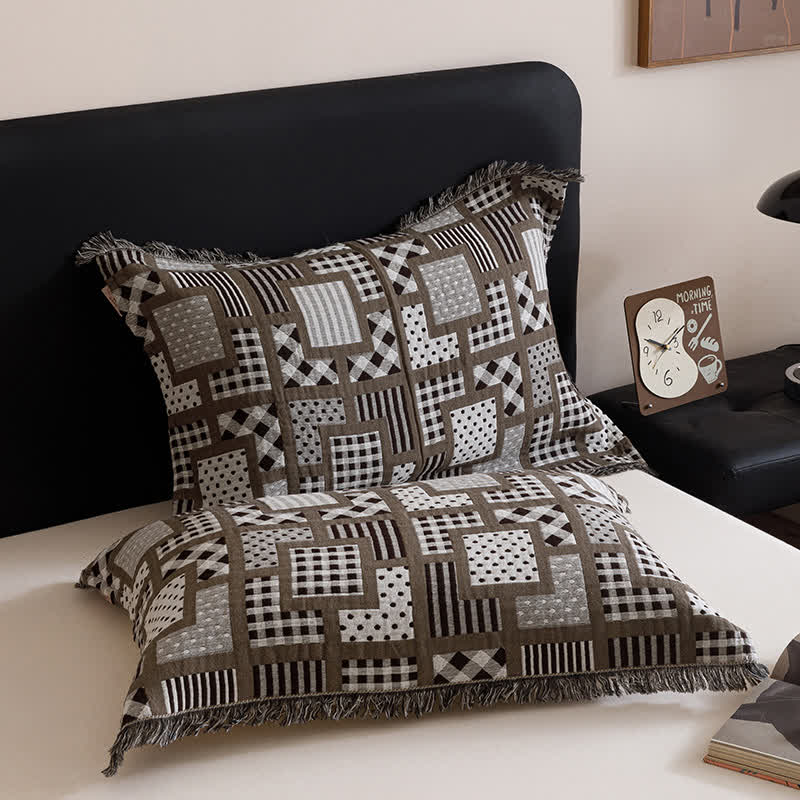 Plaid Polka Dots Pattern Four-layer Cotton Gauze Tassel Quilt - 2PCS Pillowtowels - 20" x 29" - image 5