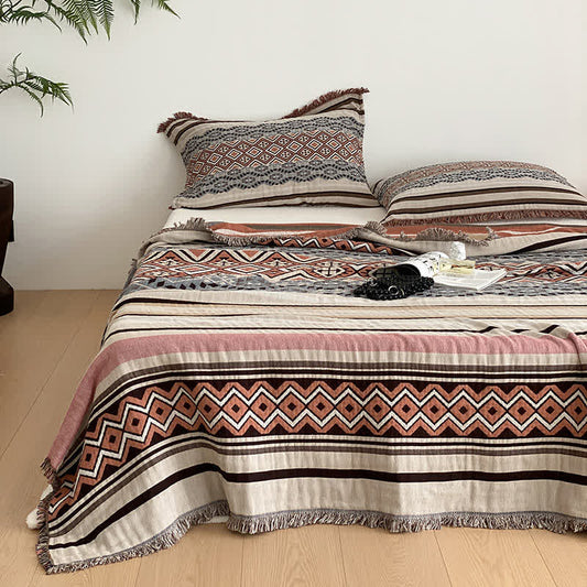Ethnic Style Four-layer Cotton Gauze Tassel Quilt - Quilt with 2PCS Pillowtowels - Queen - image 0