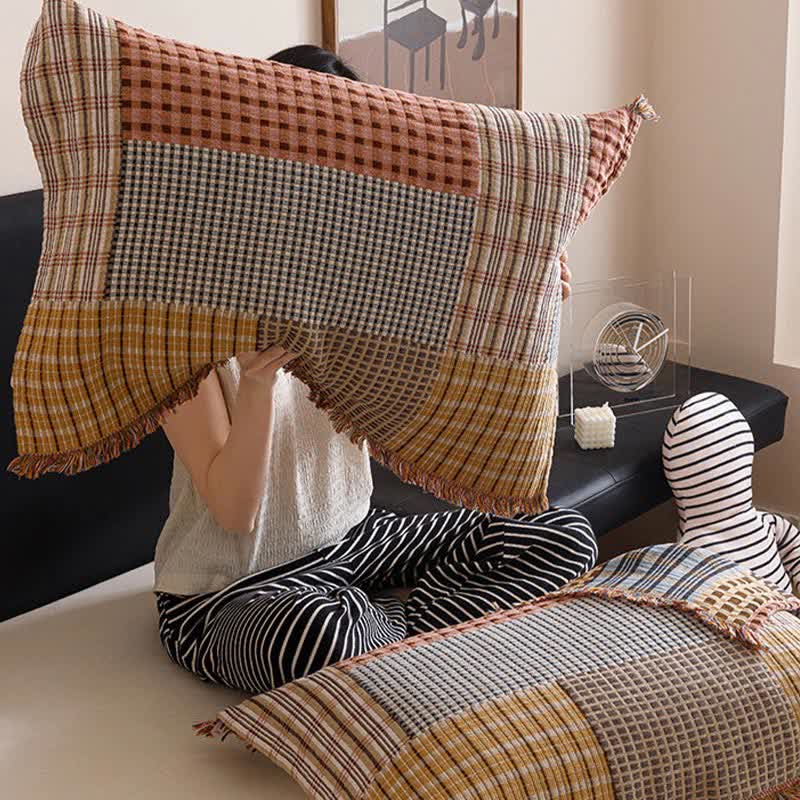 Plaid Print Four-layer Cotton Gauze Tassel Quilt - image 7