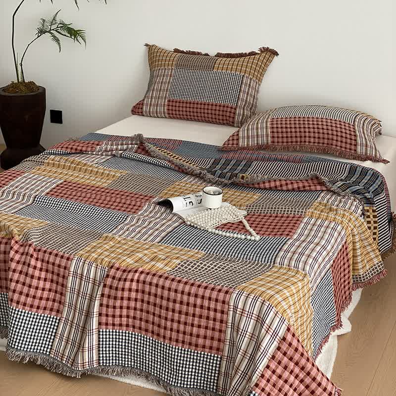 Plaid Print Four-layer Cotton Gauze Tassel Quilt - image 1