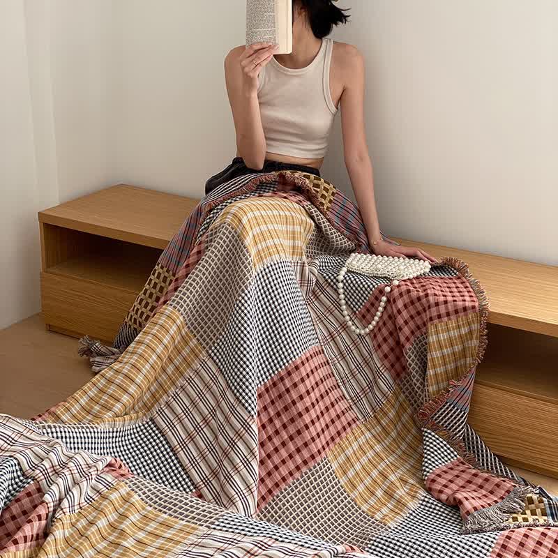 Plaid Print Four-layer Cotton Gauze Tassel Quilt - image 3