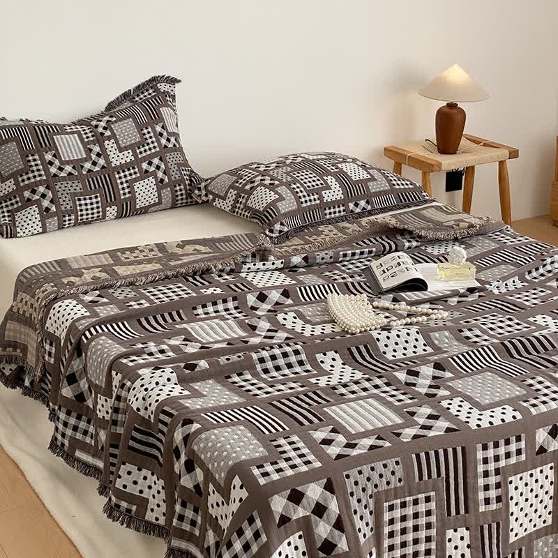 Plaid Polka Dots Pattern Four-layer Cotton Gauze Tassel Quilt - image 1