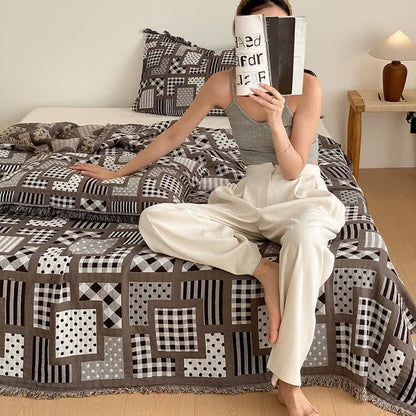 Plaid Polka Dots Pattern Four-layer Cotton Gauze Tassel Quilt - image 3