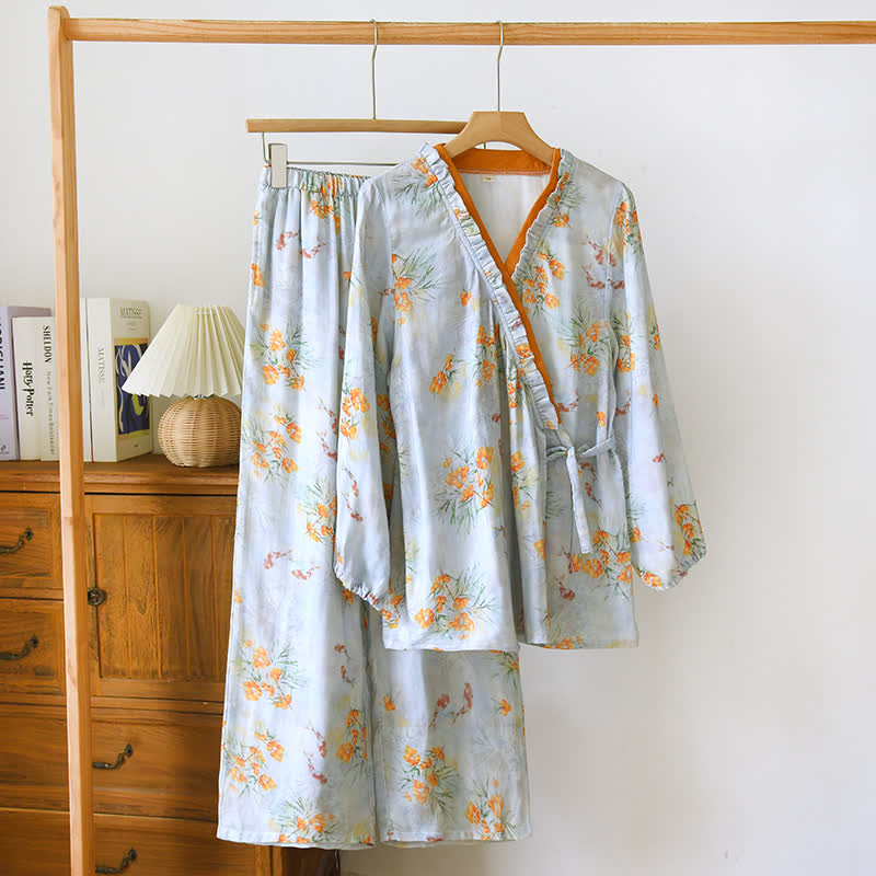 Bamboo Fiber Blue Pastoral Style Pajama Set - XL - image 0