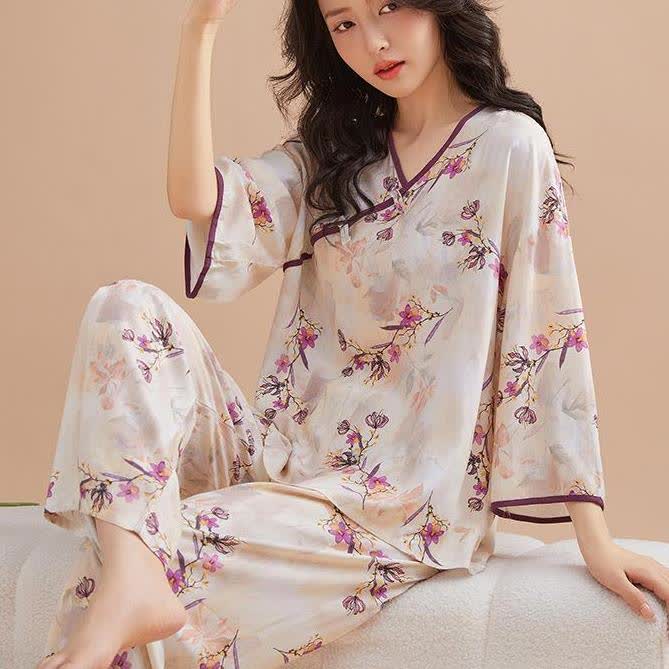 Peach Blossom Knotted  Buttons Loungewear Set - image 2