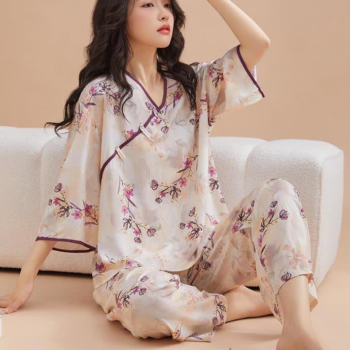 Peach Blossom Knotted  Buttons Loungewear Set - image 1