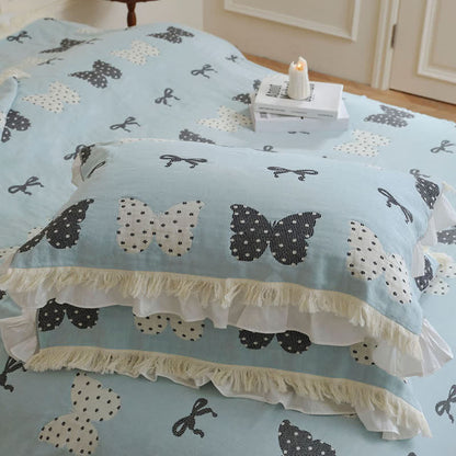 Butterfly Bowknot Pure Cotton Gauze Soft Tassel Quilt - Blue - 2PCS Pillow towels - 20" x 29" - image 10