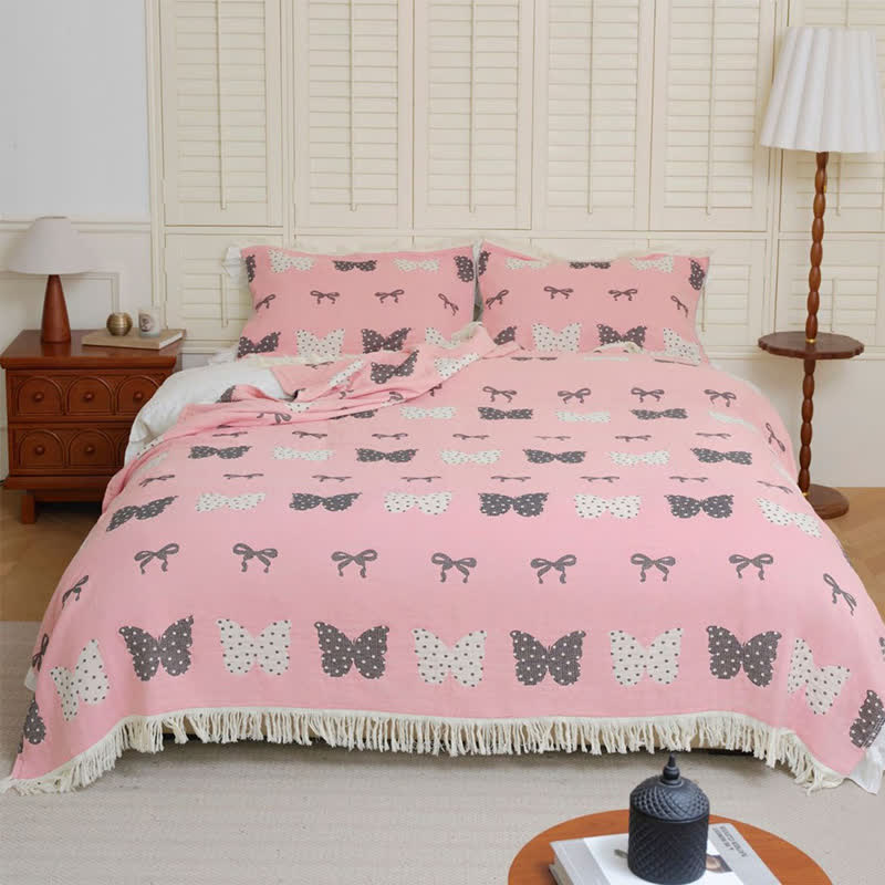 Butterfly Bowknot Pure Cotton Gauze Soft Tassel Quilt - Pink - Quilt with 2PCS Pillow towels - Queen - image 0